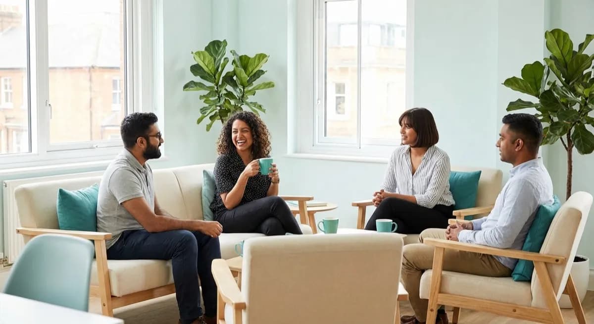 Team in a modern office having a wellbeing check-in