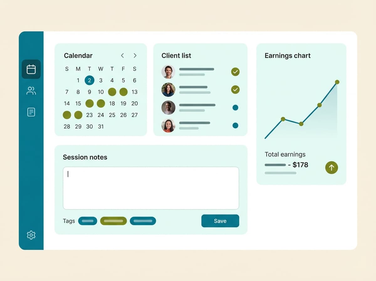 Practitioner dashboard with calendar, clients, and session notes